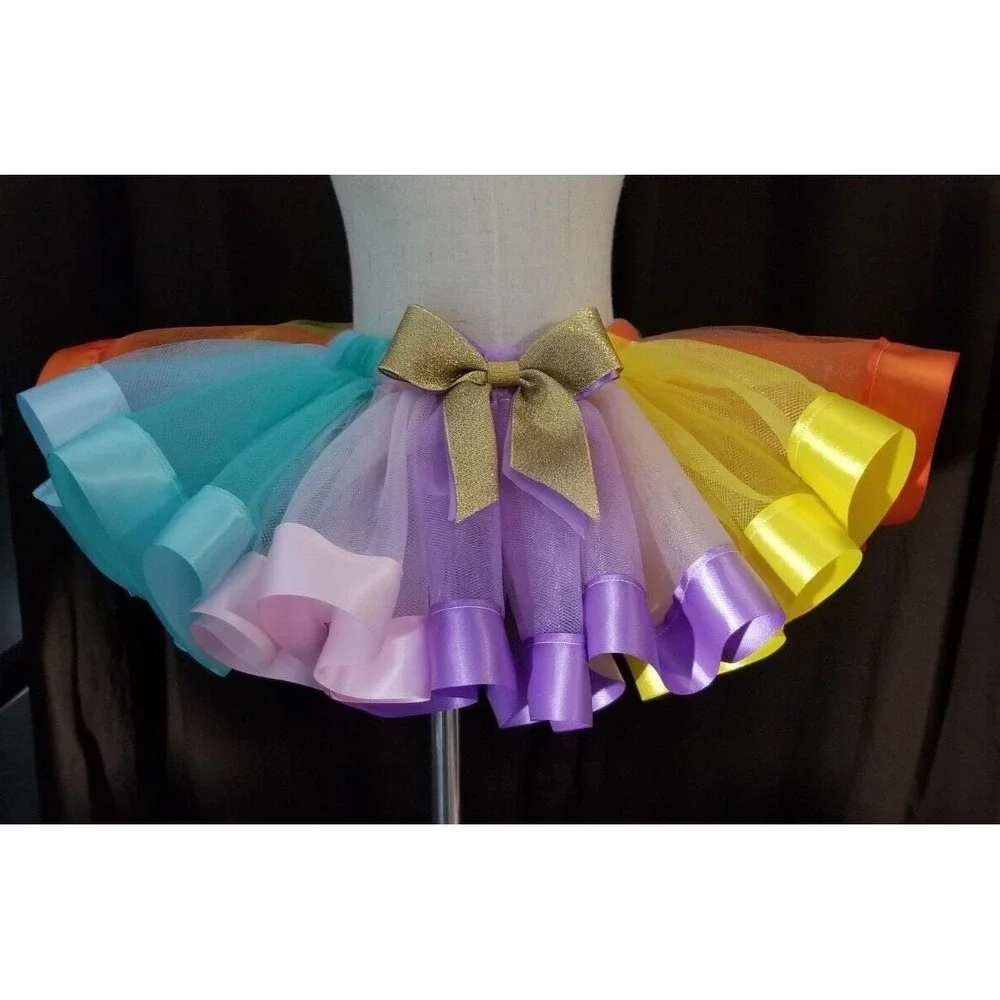 Handmade Pastel Rainbow Tutu Skirt Girls Gold Bow Birthday Photo Prop Dress Up